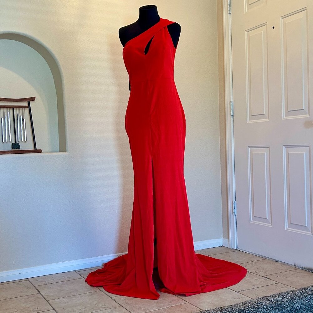 Red One Shoulder Evening Gown Maxi Dress Slit Train Formal Prom Size L NWT